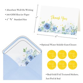 Crisky Thank You Cards 4 Assortment, Watercolor Painted Florals (50 Cards with Envelopes for Birthday, Baby Shower, Bridal Shower, Wedding, All Occasion)