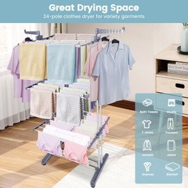 Pheluoca Clothes Drying Rack Foldable Drying Rack Clothing,Oversize 4 Tier(70" High) Clothes Horses Stainless Steel Laundry Drying Rack with Collapse Base& 24 Poles for Clothing&Bed Linen,Gray