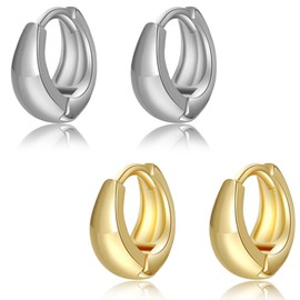 COYUN 2 Paar Chunky Creolen für Damen, Creolen Ohrringe Damen, Gold Silber Ohrringe Klobig Kleine Creolen Klobig Dick Knorpel Kreolen Huggie Creolen Mini Kleine Creolen Leicht Breit Ohrringe Mädchen