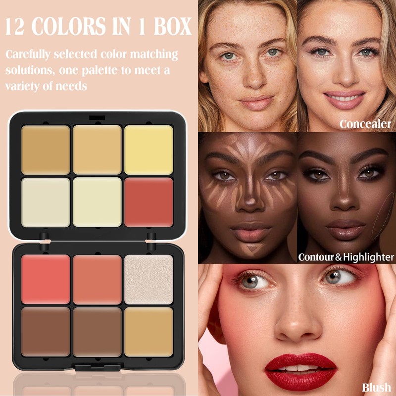 LSxia 12 Colors Cream [Blush+Contour+Concealer+Highlighter] Makeup Palette for Cheeks -