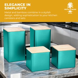 Regal Trunk Wooden Food Storage Containers - Metal Canisters with Bamboo Lids - Set of 4 (Large 8.5x8.5x15cm, Small 8.5x8.5x8.5cm) - Ideal Housewarming Gift for Modern Kitchens - Blue/Turquoise