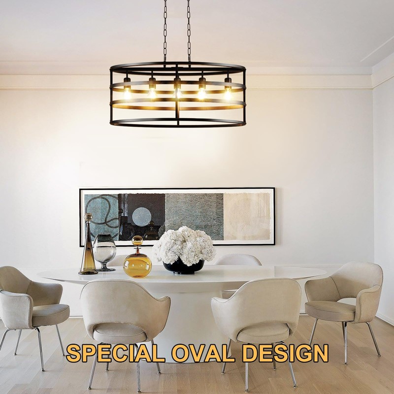 DLLT 5-Light Black Industrial Chandelier, Metal Cage Kitchen Island Lighting