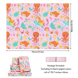 Boerni Princess of the Sea Little Mermazing Mermaid With Her Ocean Sea Animal Friends Wrapping Paper in pink Color Set of 4 Sheets 15 sq. ft. With Silk Ribbon For Girls Kids Baby Women Gift Wrap