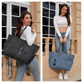 HOMESPON Corduroy Tote Bag for Women with Zipper Large Shoulder Bag Handbag for Work School Shopping Travel Gym-Blue L