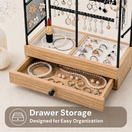 Jewelry Holder, Jewelry Storage Organizer Stand with Velvet Tray & Drawer, Earring Holder & Necklace Display, Multi-section Storage for Necklace, Earrings, Rings, Bracelets, Watches, Gift Idea