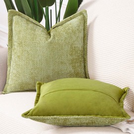 MADIZZ Chenille Velvet Throw Pillow Covers with Flange Set of 2 Super Soft Boho Textured Pillow Covers Decorative Throw Pillowcases Modern Farmhouse Home Decor for Sofa Bedroom Light Green 20x20 Inch