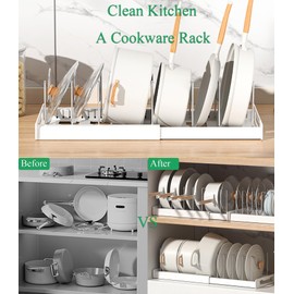 Pots and Pans Organizer Under Cabinet Pot Rack: Expandable Pot Lid Holder with 7 Adjustable Dividers for Kitchen Storage Cutting Boards, Bakeware, Lid, Grey