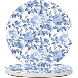 Elegant Blue Rose Car Coasters for Cup Holders, 2 Pack Car Cup Holder Coasters for Women Men, 2.56 inch Anti Slip Insert Absorbent Ceramic Car Cup Coasters with Cork Base and Finger Notch