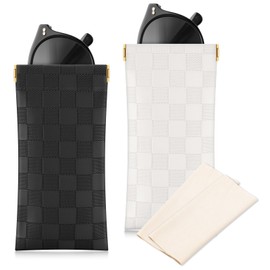 Etercycle Leather Eyeglass Case, 2 Pcs Portable Sunglass Cases Women Checkered Glasses Pouch Squeeze Top Travel Soft Glasses Bag (Black, White)
