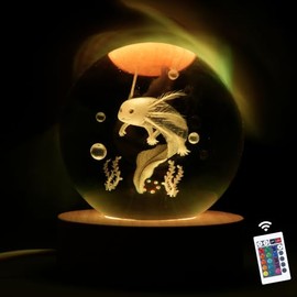 Moodlamp 8CM 3D LED Axolotl crystal ball lamp with wooden base ?C 16 colors dimmable Axolotl lamp with remote control, Axolotl gift and night light decoration for boys and girls