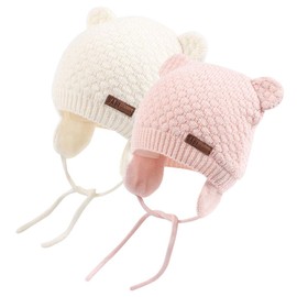 XIAOHAWANG Baby Hat Cute Bear Toddler Earflap Beanie Warm for Fall Winter (A-Set White+Pink, L(2-3 Years))