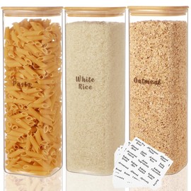 XOTAISM 3 Pcs Square Glass Pantry Storage Containers with Bamboo Airtight Lid and 248 Clear Pantry Labels Preprinted - 74oz Thicken Glass Food Storage Jars for Coffee, Cookie, Tea, Sugar, Spice