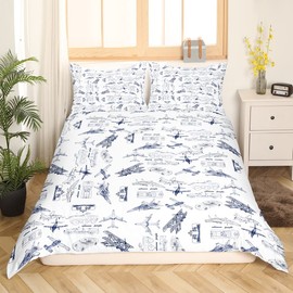 Aircraft Bedding Duvet Cover Set Kids Airplane Print Bedding Set Boys Girls Decor Aircraft Flying Comforter Cover Set Microfiber Sketch Style Blue White Bedspread Cover Bedroom Bedclothes Queen Size