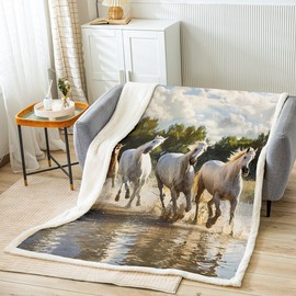 Feelyou Horse Sherpa Throw Blanket 3D Wild Animal Fleece Blanket Galloping White Horse Printed Plush Blanket for Sofa Bed Couch Bedroom Decor Wildlife Fuzzy Blanket Queen 90"x90"