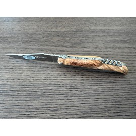 Laguiole en Aubrac Handmade Luxury Folding Pocket Steak Knife with Corkscrew, 4.8-in (12cm), Olive Wood Handle