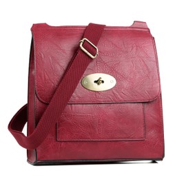 AOSSTA Women's Cross-Body Bags Leather Large/Medium Twist Lock Cross Body Messenger Bag Turnlock Shoulder Bag (6172 Large, Dark Red)