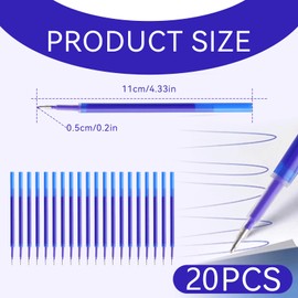 Pack of 20 Erasable Refills, 0.5 mm Erasable Rollerball Pen Refills Blue Refills with Erasable Ink Rollerball Refill for Gel Pen, Erasable, Students Gift, School Office Supplies