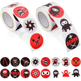 600 Pieces Ninja Roll Stickers Ninja Party Favors Ninja Themed Sticker Roll Round Ninja Stickers Self Adhesive Ninja Party Supplies for Ninja Warrior Karate Birthday Party Decorations, 16 Designs