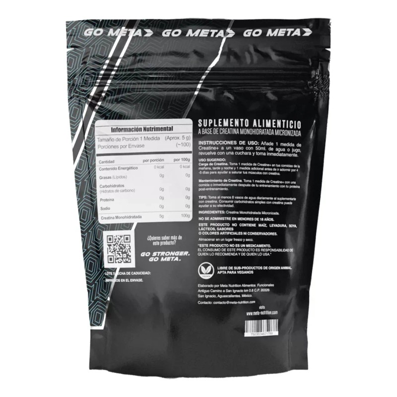 Meta Nutrition Creatina Monohidratada 550 Gr 110 Porciones Sin Sabor
