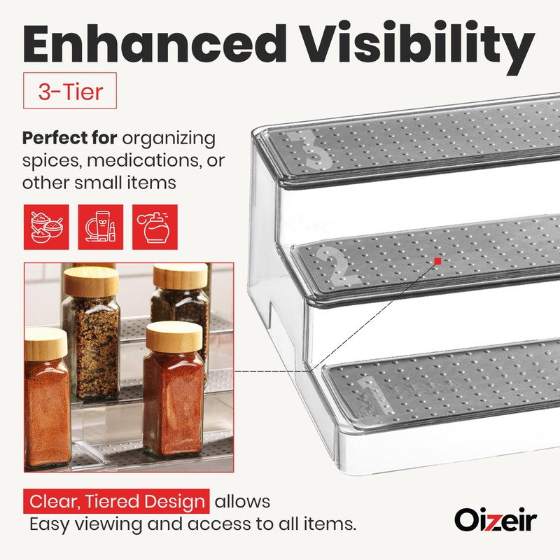 Oizeir Expandable Spice Organizer Rack (2-PACK) - 3-Tier - Clear
