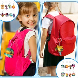 Ferreve 64 Pcs Summer Beach Favors Keychain Gifts Set Wooden Sea Turtle Surfboard Flip Flop Flower Shell Glasses Keychains Bulk Luau Pool Key Chains for Summer Tropical Hawaiian Party Supplies