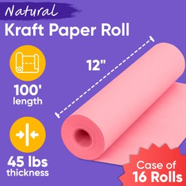 Paclord 12" x 1200" (100 ft) Pink Kraft Paper (Case of 16 Rolls), 45 lbs Thickness, Made in USA Kraft Paper for School, Art Colored Paper, Gift Wrapping Paper, Packing Paper for Moving