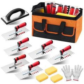SiliFine 12 Pcs Tile Trowel Tools Set, Include 6 Stainless Steel Notched Tile Trowel, 1 Rubber Grout Float, 1 Tool Bag, 1 Pair of Cotton Gloves, 3 Grout Sponge for Tiling Installation Grouting