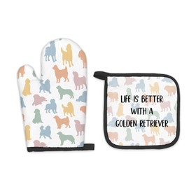 FIicy Golden Retriever Dog Oven Mitts and Pot Holders Sets, Golden Retriever Gifts Kitchen Accessories Sets, Colorful Golden Retriever Heat Resistant Oven Glove Potholders for Kitchen Baking