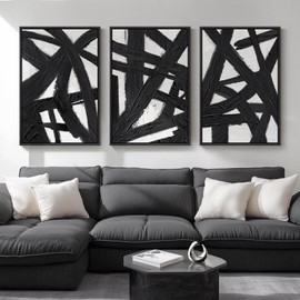 Framed Black and White Abstract Wall Art for Living Room, Large 3 Piece Modern Canvas Prints Paintings Artwork For Walls, Minimalist Lines for Bedroom, Kitchen, Hallway Wall Decor, 24x36 Inch