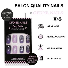 Press on Nails Medium Square OFDNE Purple Fake Nails False Nails with Designs Stars Pink Glitter Starry Sky Full Cover Glossy Glue on Nails Elegant Stick on Nails for Women Girls 24 Pcs