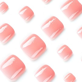 24Pcs Pink Toe Nail Press ons，Pink Gradient Press on Toenails for Women Short Square Fake Toenails with Glitter Powder Design Fake Toe Nails Acrylic Nails Summer Manicure Glossy Toenail Press on Nails