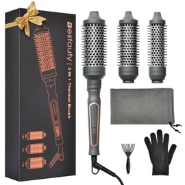 Bestauty 3 in 1 Thermal Brush, 1.25/1.5/1.75" Interchangeable Heating Iron Barrels, 30s Quick Heating Curling Brush, 5 temperatures 290°F-450°F Thermal Round Brush for ALL Type Hair