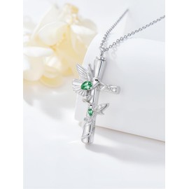 HVQP Hummingbird Cross Urn Necklaces for Ashes Women White Gold Plated S925 Sterling Silver w/Funnel Filler Memorial Cremation Jewelry with Emerald May Birthstone Sympathy Gifts for Women Loss of Loved One