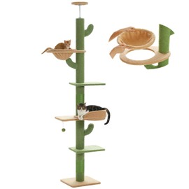 PETEPELA Floor to Ceiling Cat Tree [87"-100"] Height Adjustable, 5 Levels Cactus Cat Tower with Cat Perch&Replaceable Hammock(Visible Acrylic Bowl), 4.1" Super Robust Cat Scratcher Green
