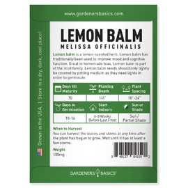 Gardeners Basics Lemon Balm Seeds for Planting Herbs - (Melissa Officinalis) Indoors and Outdoors Heirloom, Open-Pollinated, Non-GMO Herb Variety, Great for Home Herbal Tea Seed Gardens and More