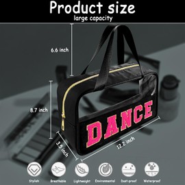 Bunliuys Chenille Letter Clear Makeup Bag Dance Patch, Travel Toiletry Makeup Bag with Handle, Nylon Waterproof Makeup Bags clear cosmetic bag, preppy patch makeup bag for Women (DANCE-Black), Black