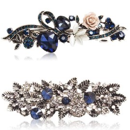 Barrettes for Women 2 Pack Vintage Shining Rhinestone Hair Barrettes Metal Flower Butterfly French Clip Faux Crystal Hair clip Spring Hair Barrette (Navy Blue, One size)