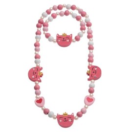 Children's Girls Kids Wooden Bead Stretch Necklace & Bracelet Set, Bunny, Cat, Owl, Flower Designs (Cats)