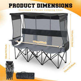 Teenyyou 3 Person Camping Chair with Canopy, 990lbs Heavy Duty, Blue Gray