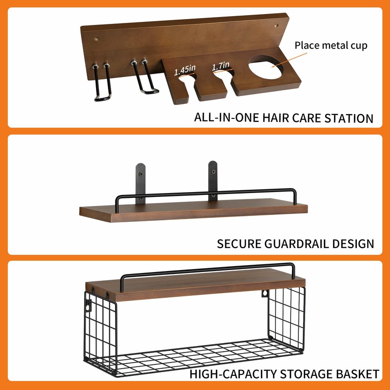 GODDGITT 3-Tier Bathroom Floating Shelves with Curling Iron Holder &