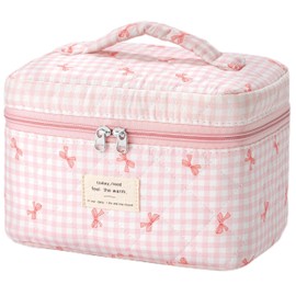 HBselect Quilted Makeup Bag, Cotton Large Travel Makeup Bag, Cute Floral Coquette Cosmetic Bags Toiletry Bags for Women Girls (Pink Bow-M)