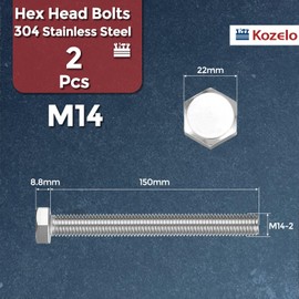 Kozelo 2 Pcs Hex Head Screws Bolts - [M14-2x150] 304 Stainless Grade A2-70 Steel Fully Threaded Hex Tap Metric Hexagon Head Machine Bolts Right Hand External Hex Drive, Silver