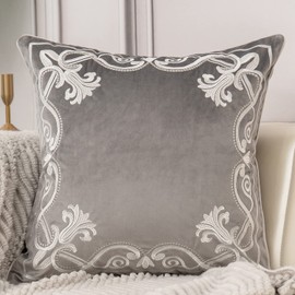 Aeckself European Floral Pillow Cover 18x18 Inch, Luxury Velvet Embroidered Decorative Throw Pillow Cover for Couch Bedroom Living Room, Grey and White