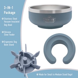 Front Row 3-in 1 Premium Dog Bowl, w/Double Wall Stainless Steel Vacuum Insulated Dog Bowl, Suction Cup Silicone Slow Feeder Insert, Ergonomic Bowl Stand, Anti-Slip Base, 4 Cups 32 Fl Oz (Blue)