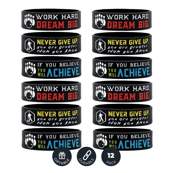 Inkstone Bowling Wristbands | (12 Pack) Sports Inspirational Quotes Never Give Up, You are Greater Than You Know | Flexible | Gifts for Your Team, Friends, and Family