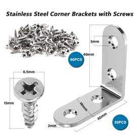 VFANDV Angle Connectors Pack of 20, 40 x 40 mm Metal Angle 90 Degree with 80 Pieces Screws Stainless Steel Angle L Brackets Screw for Mounting Angle Bracket Furniture Table Chair Bookshelf