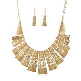 N/Q Retro High Polished 14K Gold Plated Love Heart Bib Open Choker Necklace Statement Waterdrop Dangle Teardrop Earrings for Women Ethnic Geometric Egyptian Jewelry Set-B hollow