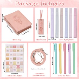 19PCS Bible Cover for Women PU Leather Bible Cases Bible Journaling Kit for Girls Bible Bag with Shoulder Strap &Book Marker Bible Carrying Case Floral Design Highlighter Pens Set Christian Gift Pink