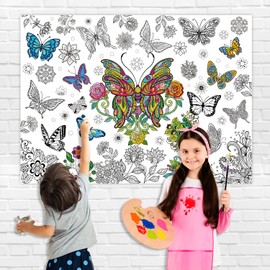 43.3x31.5 Butterfly Coloring Poster with Picture, Giant Butterfly Painting Poster, Large Coloring Tablecloth for Classroom Home Birthday Party Supplies Favor
