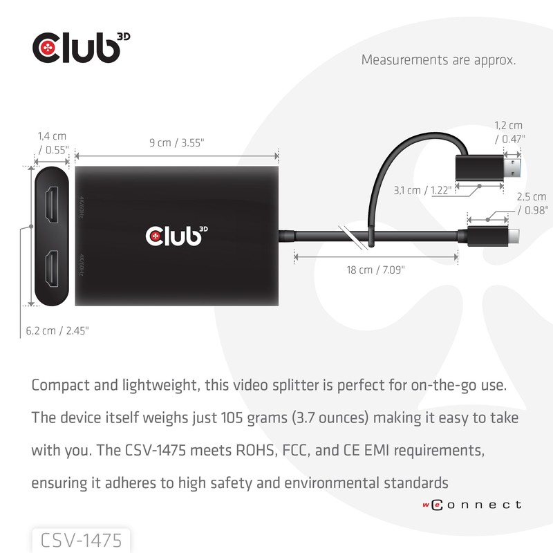 Club3D CSV-1475 USB Type-C (with USB Type-A Adapter) to Dual